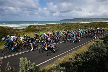 People racing bicycles on a road