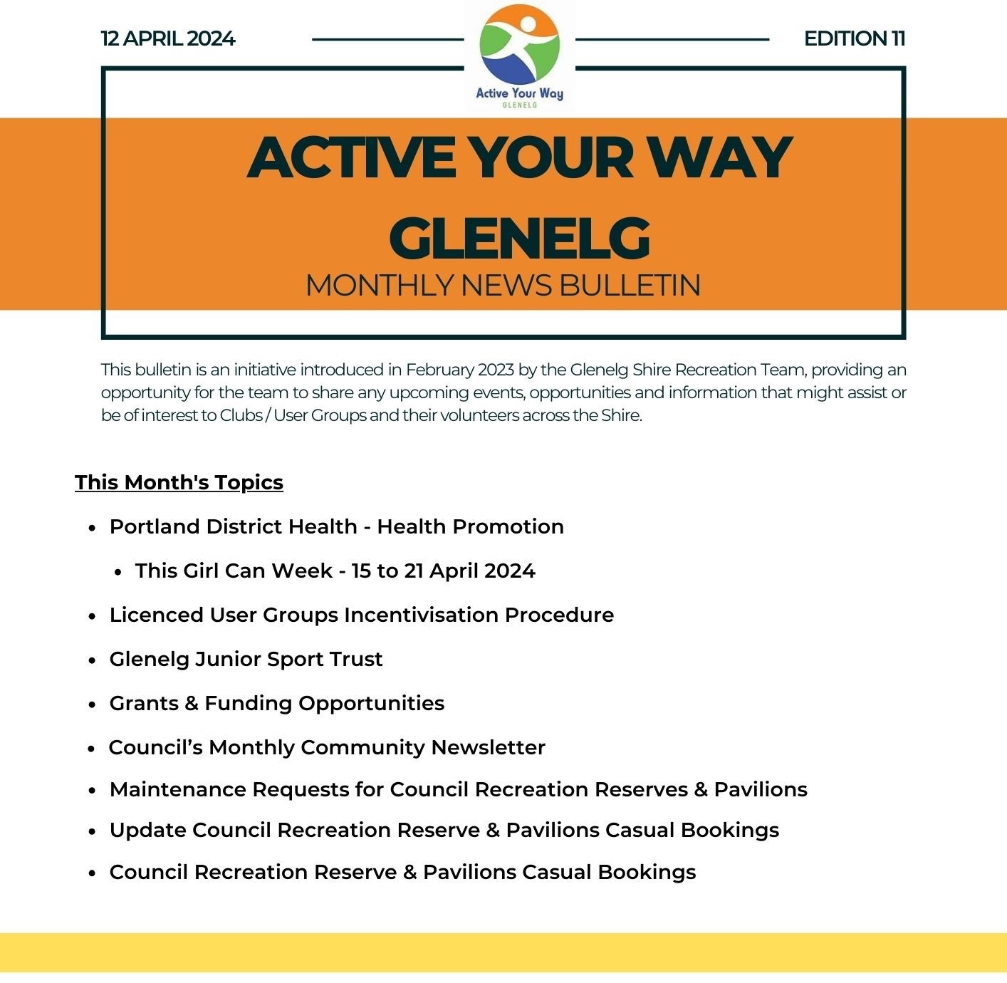 EMAIL IMAGE Active Your Way Glenelg Monthly News Bulletin April 2024 Topics